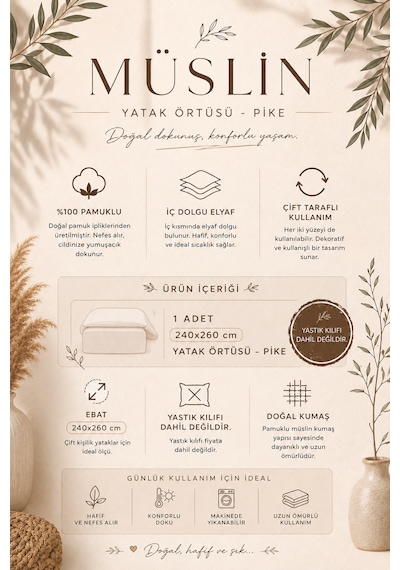 8 Kat Müslin Çift Yönlü Yatak Örtüsü 240x260 Antrasit