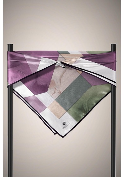 Vissona %100 Twill İpek Geometrik Desenli Gül Kurusu - Haki Renkli 90x90 Eşarp Dikim Şekli : El Dikişi Çok Renkli