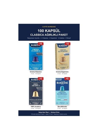 Caffe Borbone Karma 100'lü Nespresso Uyumlu Alüminyum Kapsül Kahve 4 Classica 2 Superiore 2 Arabica 2 Decaf