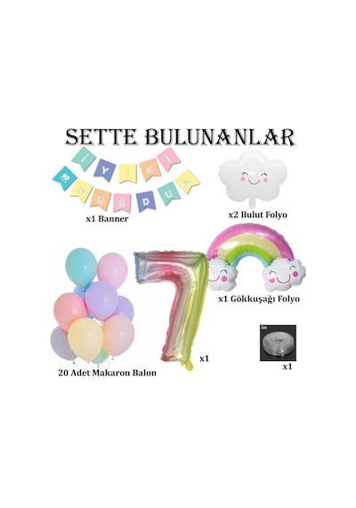 Gökkuşağı Bulut Konsepti 7 Yaş Doğum Günü Parti Kutlama Seti