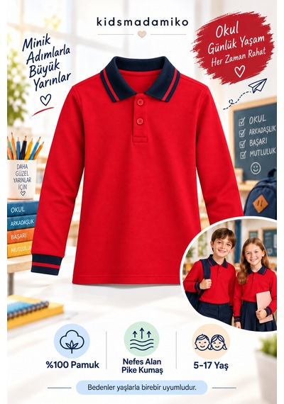 Kidsmadamiko Kız Çocuk Uzun Kollu Polo Yaka %100 Pamuk Pike Okul Tişörtü Kırmızı