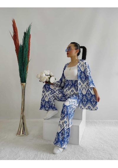 Moda Desenli Ikili Kimono Takım Rahat Kalıp Mavi