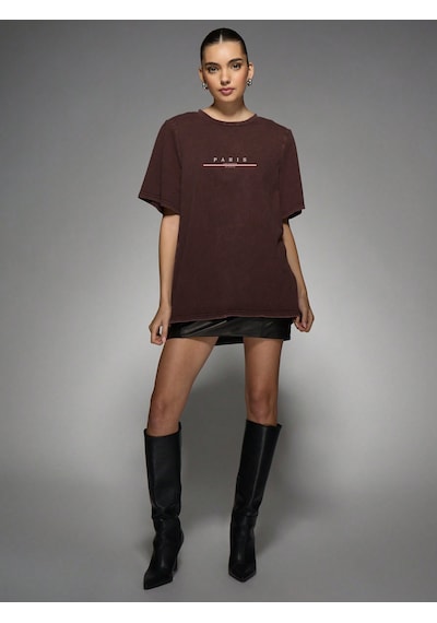 Unisex Paris Baskılı T-shirt Kahverengi