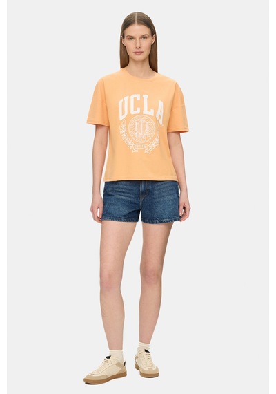 Ucla Avalon Açık Turuncu Bisiklet Yaka Baskılı %100 Pamuk Loose Fit Kadın Tshirt