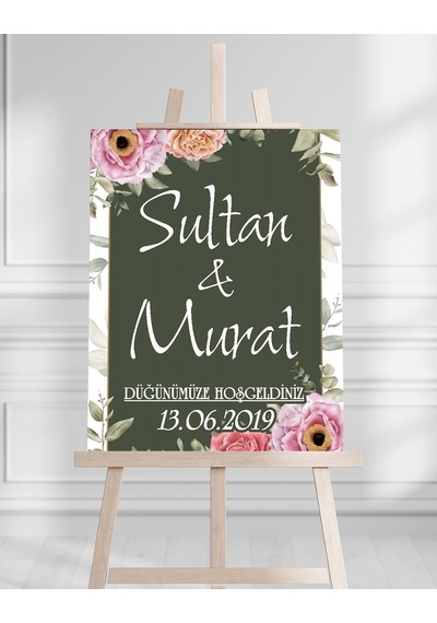 Söz Nişan Düğün İçin 50x70 Karşılama Panosu - Renkli Çiçek Ve Yeşil Tasarımlı Beyaz