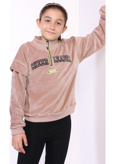 Toontoy Kız Çocuk Fermuar Detaylı Nakışlı Kadife Sweatshirt Kahverengi