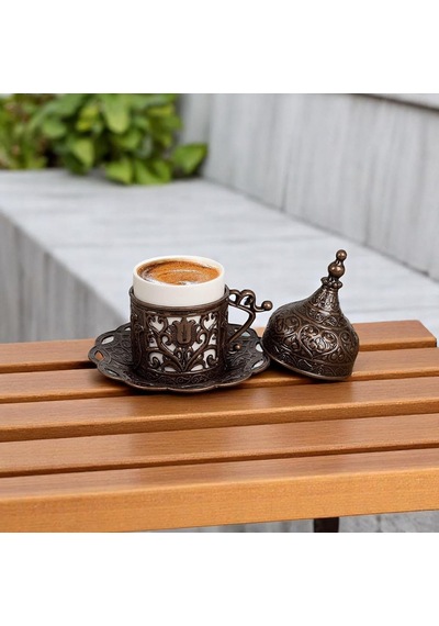 1 Adet Türk Yunan Arap Kahvesi Espresso Fincanı Tabağı Lale Antik Bakır Beyaz - Çok Renkli