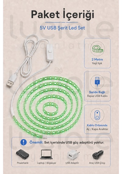 2 Metre 5v Usb Yeşil Şerit Led Anahtarlı Tv Arkası Gaming Masa Raf Powerbank Dekoratif Led