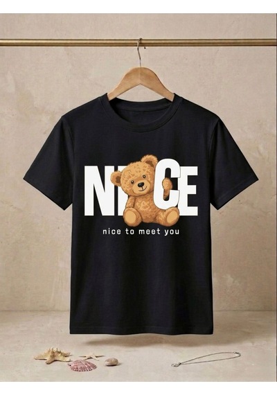 Ayıcık Figürlü Nice To Meet You Yazılı Oversize T-shirt Siyah