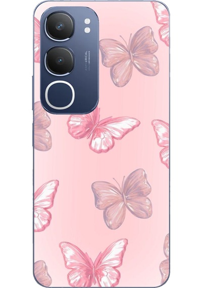 Vivo Y19s Uyumlu Pembe Kelebekler Baskılı Silikon Kılıf Renkli