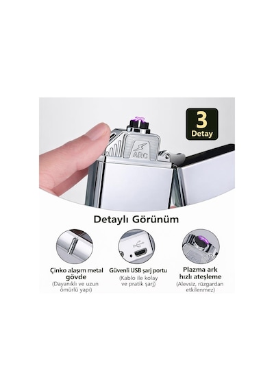 Valkyrie Usb Şarjlı Elektronik Çakmak / 4 Elektrotlu X Tip Mor Arc / Rüzgar Geçirmez, Alevsiz Silver Çok Renkli