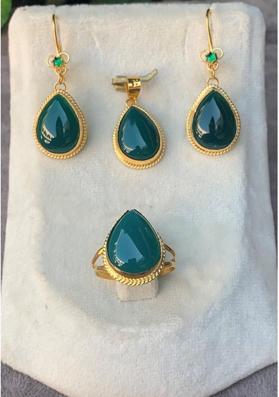 14 Ayar Altın Damla Model Yeşil Akik Set