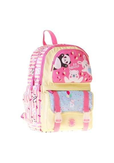 Kaukko Kids Dört Bölmeli Kız Çocuk Hello Baskılı Sarı - Pembe Okul Sırt Çantası - L5308 Çok Renkli