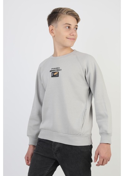 Kanguru Cepli Baskılı Detaylı Erkek Çocuk Sweatshirt-90881 Gri