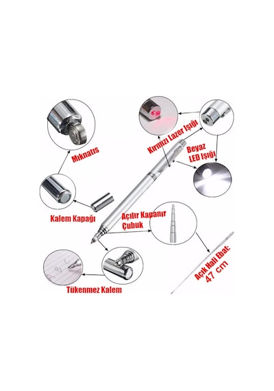 Ayrex Metal Kutulu Kırmızı Lazerli, Led Işıklı Mıknatıslı Pointer Kalemi İşaretçi Uzayabilen Sunum Çubuğu
