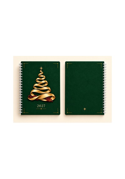 A5 Spiralli Defter 2027 Takvimli 50 Yaprak 100 Sayfa Çizgili Yeşil Altın Kurdele Ağaç Desenli Not Defteri