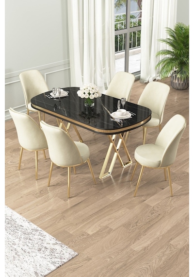 Canisa Lai Serisi 90x168 Lak Panel Sonata Gold Ayak Masa Takımı 6 Krem Sandalye Sonata Masa Krem Sandalye Ayaklar Gold