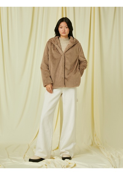Koton Kapüşonlu Oversize Peluş Kısa Kaban Vizon 3wak00073ew Vizon