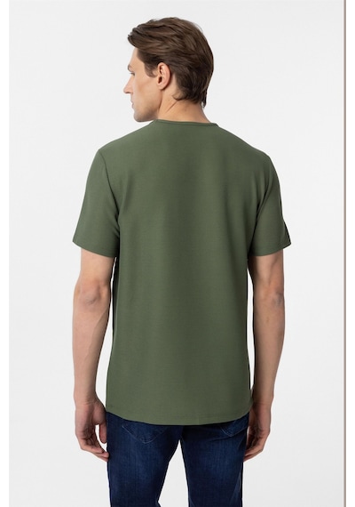 Süvari Koyu Haki Slim Fit Armürlü Bisiklet Yaka Tişört-37381 Koyu Haki