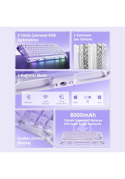 Gravastar Mercury K1 Rgb Kablosuz Mekanik Gaming Klavye, İngilizce Q, Lavender Purple