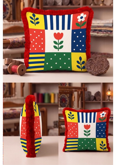 Modern Çiçekli Patchwork Renkli Saçaklı Yastık Kılıfı - Geometrik Mavi Bordo Püsküllü Kırlent Kılıfı Serin Esinti Nektar