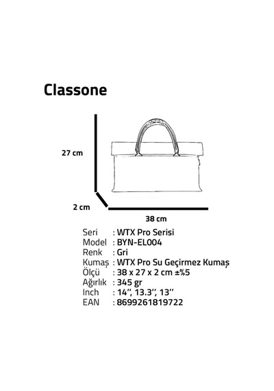 Classone Byn-el004 Wtxpro Su Geçirmez Kumaş 13-14 İnch Bayan Laptop, Notebook, Apple Uyumlu MacBook Air El Çantası- Tote Bag - Gri