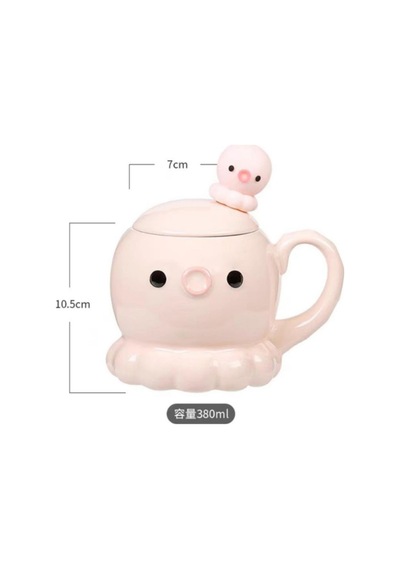 Ahtapot Temalı Kaşıklı Kapaklı Seramik Kupa Sarı