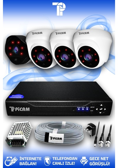 Picam 4 Kameralı Uzay 3 İç Kamera Set HDD'siz Full HD Gece Görüşlü Güvenlik Kamerası Sistemi