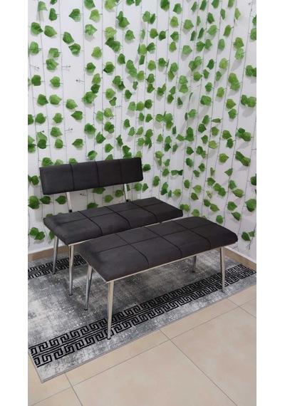 Özcan Metal Krom Metal Ayaklı Bench Sırtlı Mutfak Salon Antre Yatak Odası Puf Bank Oturak Takımı Gri