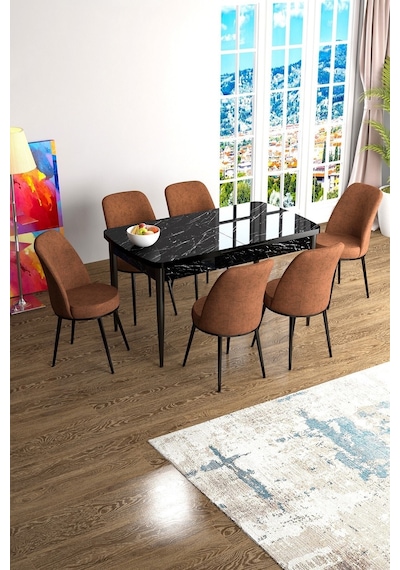 Canisa Han Serisi, Siyah Mermer Desen 70x114, Açılabilir Mdf Mutfak Masa Takımı, 6 Kiremit Sandalye Masa Siyah Mermer Sandalyeler Kiremit Canisa Han Serisi, Siyah Mermer Desen 70x114, Açılabilir Mdf Mutfak Masa Takımı, 6 Kiremit Sandalye Masa Siyah Mermer Sandalyeler Kiremit