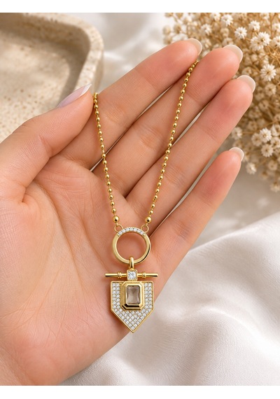 Kadın Gold Geometrik Madalyon Zirkon Taşlı Paslanmaz Çelik Kolye Renkli