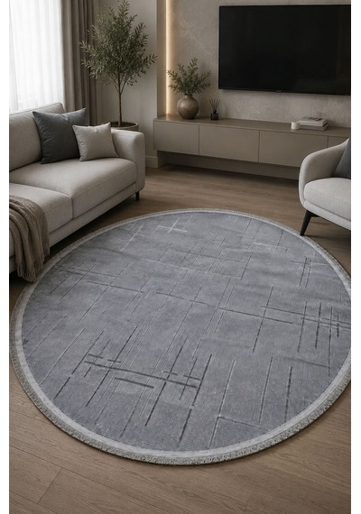 Lotus Bambu Model Altı Kaymaz Yuvarlak Makine Dokuma Halı Gri Çok Renkli