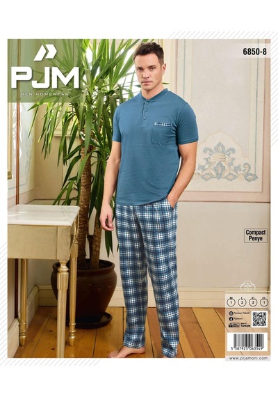 Pijamoni Erkek Düğme Yaka Kısa Kol Pijama Takımı 6850/8 - 1 Adet Mavi