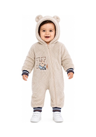Chicsy Baby Tatlı Pilot Ayıcık Nakışlı Bebek Welsoft Tulum Kapüşonlu Kulaklı Fermuarlı Kışlık Peluş Tulum Krem