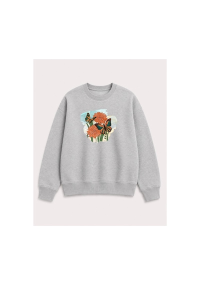 Herkesemoda Kelebek Ve Çiçek Baskılı 2 İplik Şardonlu Bisiklet Yaka Sweatshirt Gri