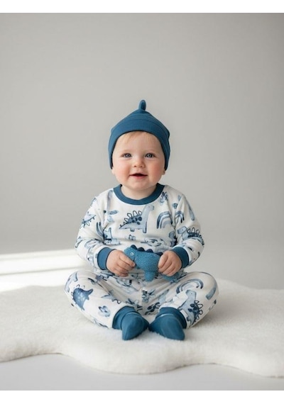 Zekids Erkek Bebek Pamuklu Dinazor Desenli Pijama Takımı-16268 Mavi