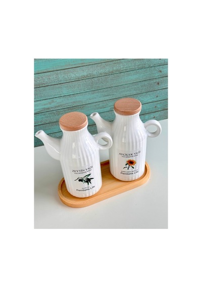 Bambu Standlı Etiketli Çizgili 2 Li Porselen 1000 Ml Yağdanlık Seti Yağlık Takımı Beyaz Beyaz