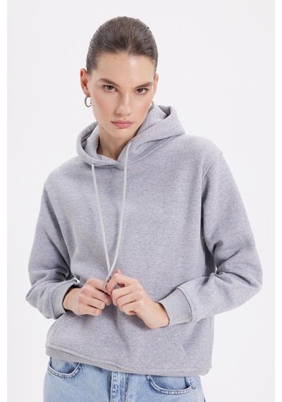 Tudors Kadın Relax Fit Rahat Kesim Pamuklu Kapüşonlu Kanguru Cepli Gri Sweatshirt-39935 Gri