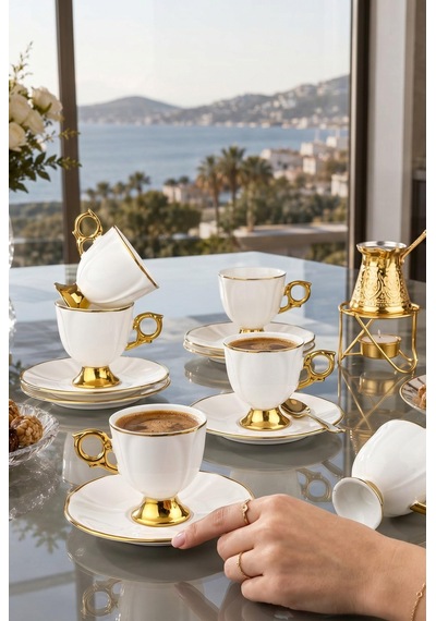 6 Kişilik Lüks Porselen Kahve Fincanı Beyaz Gold Rsy271