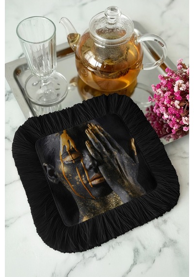 Lüks Modern Sanat Saçaklı Sunum Peçetesi - Sanatsal Portre Bohem Siyah Bardak Altlığı Mendil Soft Orman Mint