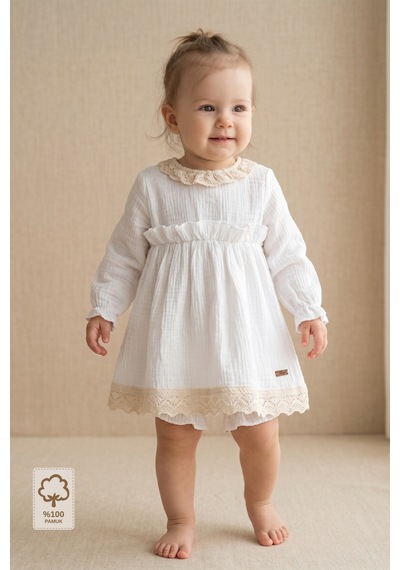 Minory Baby - %100 Pamuk Müslin Dantel Detaylı Elbise & Şort Takım Beyaz Beyaz