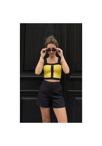 Onno Style Women Askılı Kolsuz Düğme Detaylı Triko Kadın Bluz Sarı