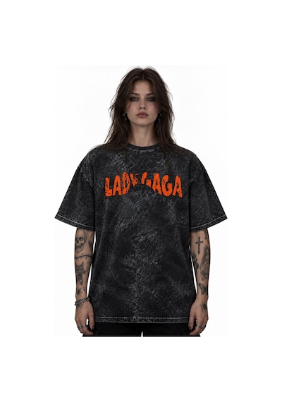 Sevbano Lady Gaga Şarkıcı Baskılı Unisex Oversize Eskitme Yıkamalı Tişört Siyah