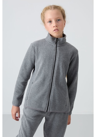 Tommy Life Gri Melanj Kalın Yumuşak Dokulu Standart Fit Nakışlı Polar Kız Çocuk Sweatshirt - 75154 Gri Melanj