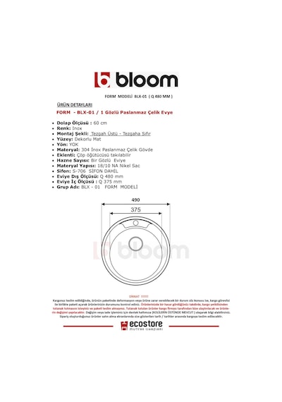 Bloom BLx -01 Krom Eviye Yuvarlak Çelik Eviye