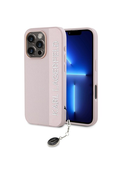 Apple Uyumlu iPhone  16 Pro Max Kılıf Karl Lagerfeld Lisanslı Anahtarlık Taşlı Kl Yazılı Saffiano Rhinestone Pembe