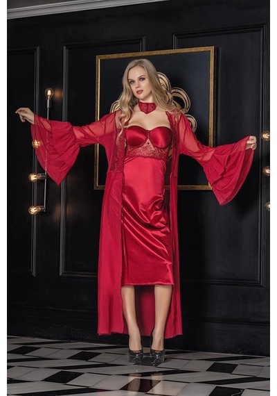 Saklımoda Transparan Maxi Boy Sabahlık Bordo 11650 Bordo
