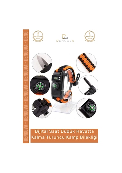 Bileklik Paracord Dijital Saatli Sos Led Pusula Magnezyum Hayatta Kalma Turuncu Kamp Bilekliği