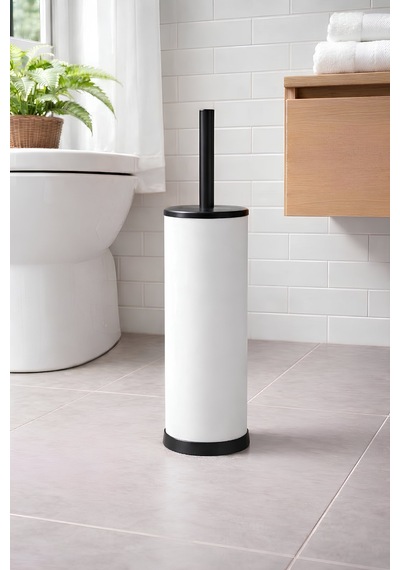 Sas Haus Metal Tuvalet Fırçası - Modern Banyo Klozet Fırça Takımı - Kapaklı Tasarım Titan Beyaz 7000 Beyaz