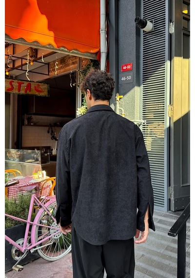 Flaw Fitilli Kadife Oversize Gömlek Siyah-27279 Siyah